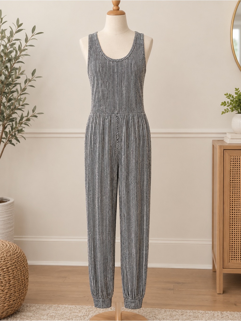 Striped Sleeveless Jumpsuit - Black & White